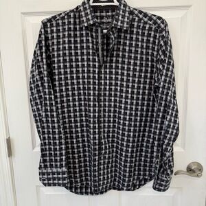 Bugatti Shirt Mens Large Black White Geometric Checkered Buttonup Collared‎